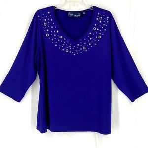 susan graver | style top blue 3/4 length sleeves silver studs & grommets size 1X